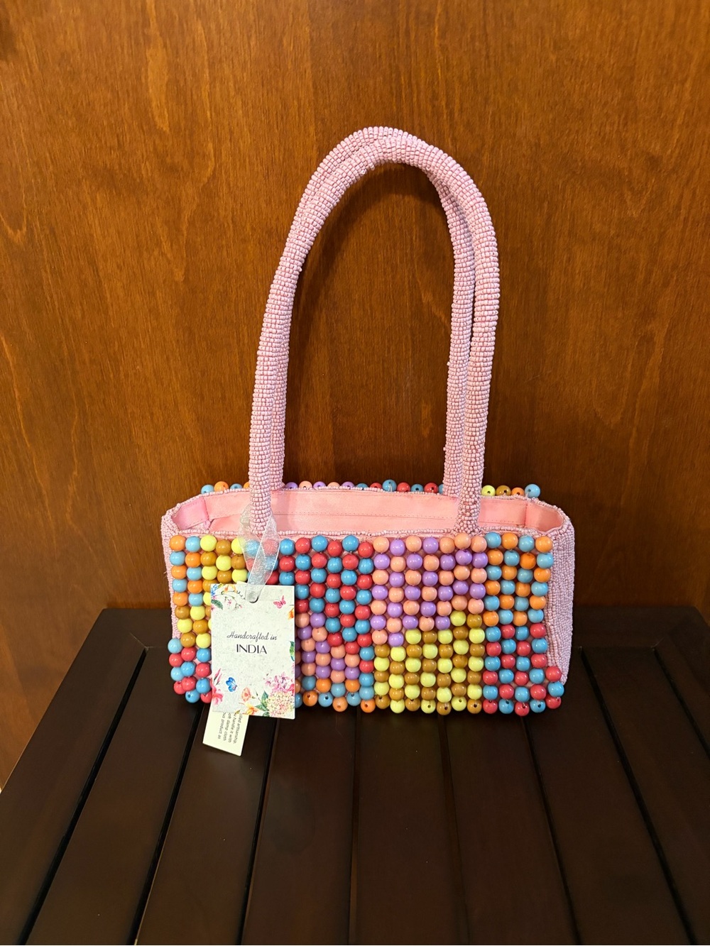 New Handmade in India Pink multicolor Beaded hand Bag